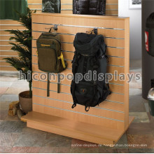 Holz Slatwalll Floorstanding Werbung Laptop Sport Tour Rucksack Retail Hanging Display Racks